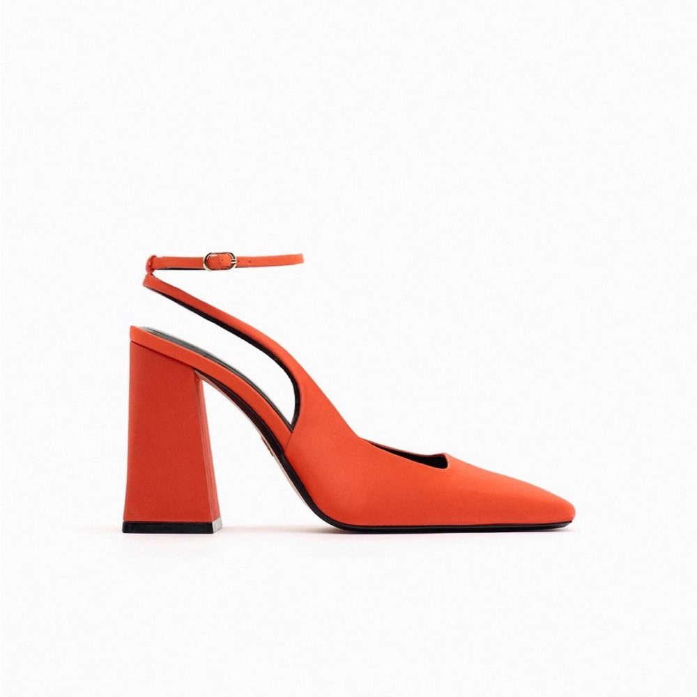 Zara SATIN EFFECT HEELED SLINGBACKS. Orange. Size 6.5. New with Tags. - Picture 2 of 6